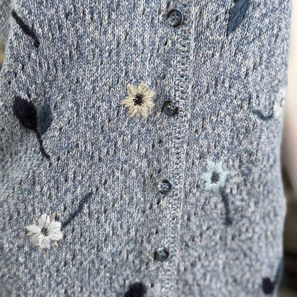 Napa Valley Blue Knit Cardigan Vest Womens 1X Vintage w/ Floral Embroidery - Picture 3 of 7